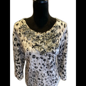 Ruby Rd. Blouse Animal Leopard Print  Sz XL Floral Appliqué Black & White Top